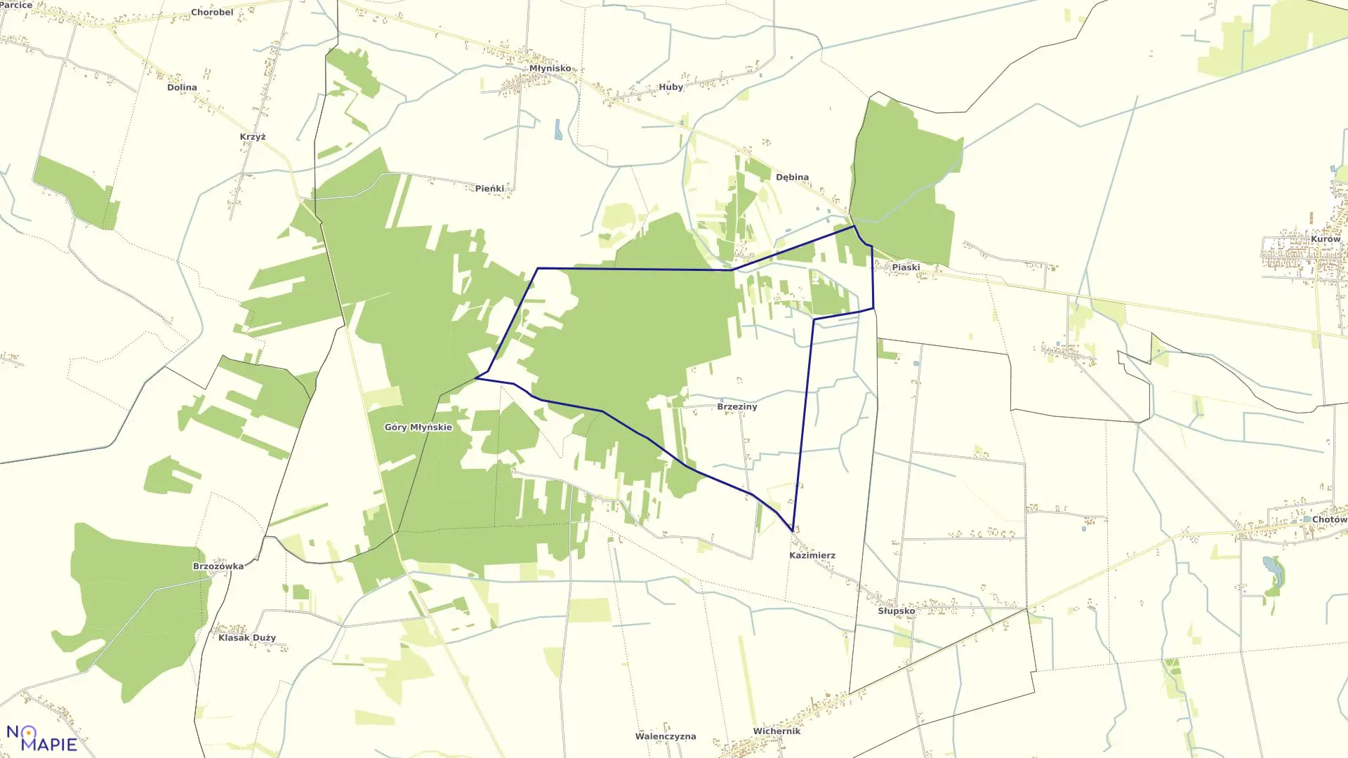 Mapa obrębu BRZEZINY w gminie Skomlin