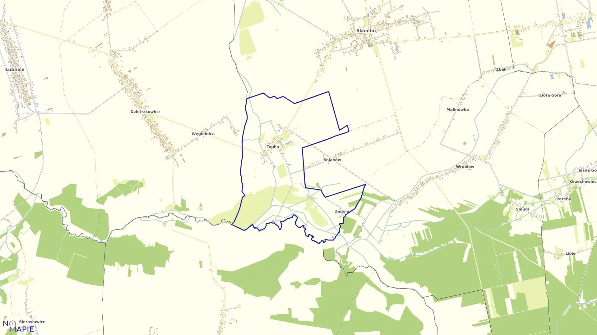 Mapa obrębu TOPLIN w gminie Skomlin